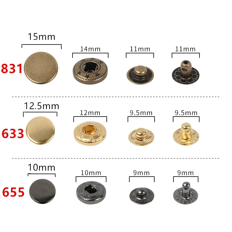 30sets+tool 655# 633# 831 201 DIY Metal No Sewing Snap Fastener Button Press Popper Stud Leather Bag Clothes Jacket Repair Rivet