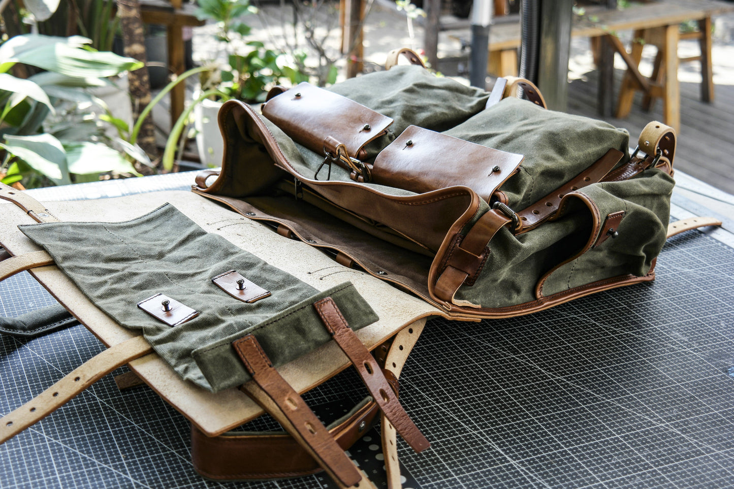 Oil wax canvas messenger bag with diagonal span and double shoulders| Waxed Canvas Backpack|