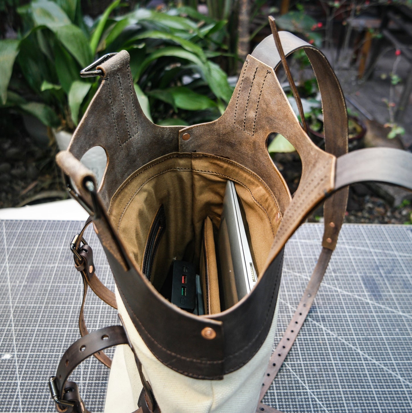 Handmade dyed plant tanned leather hiking camping oil wax canvas backpack