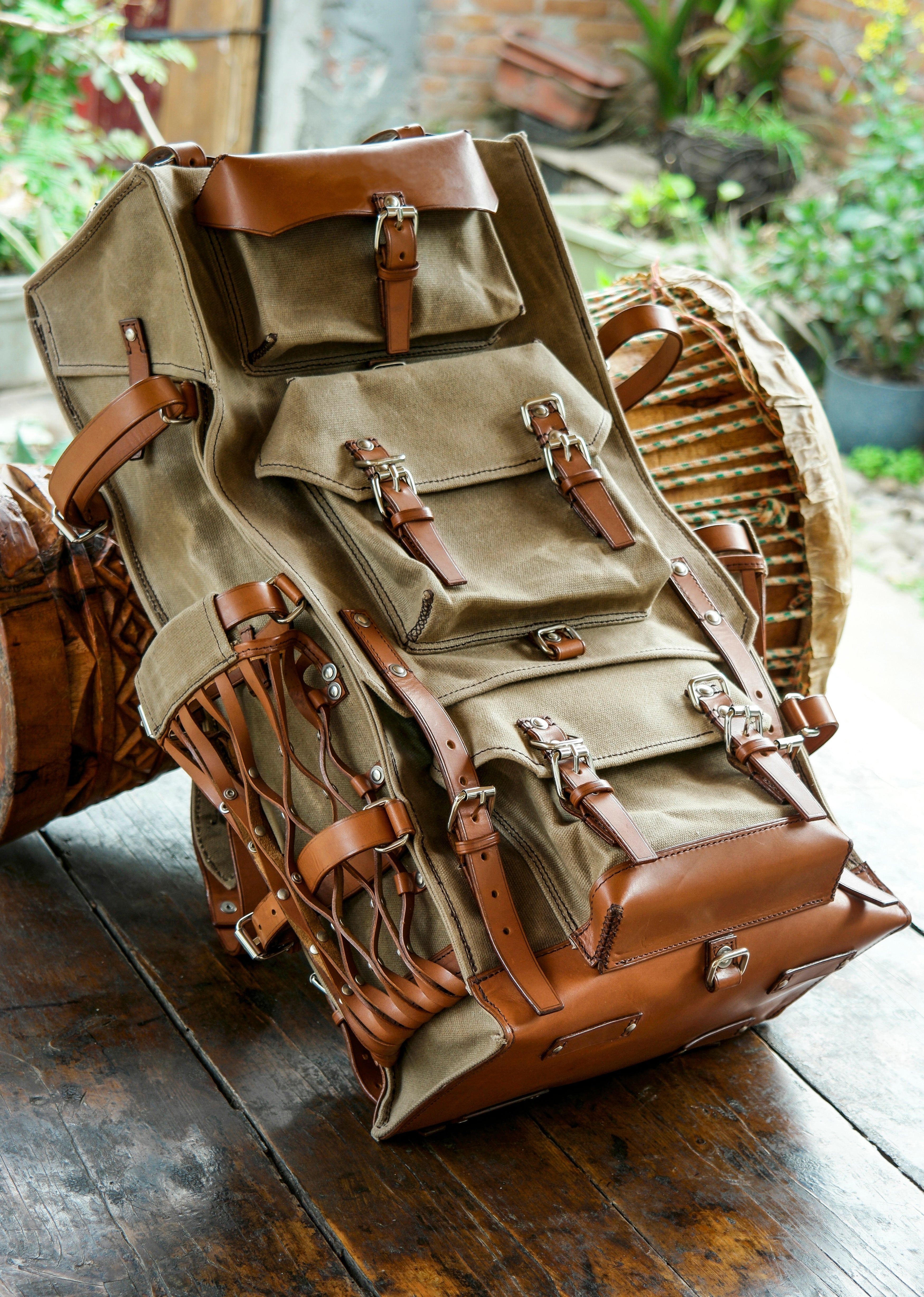 Vintage Bushcraft Camping Handmade Backpack. Leather-Waxed Canvas Rucksack