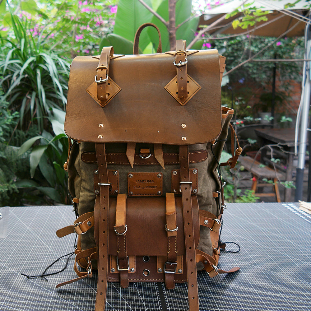 custom leather backpacks Physical Patterns】Waxed canvas and leather backpack 45 liter handmade