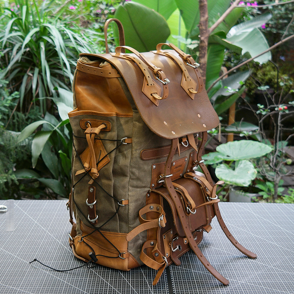 Waxed canvas and leather backpack 45 liter handmade leather waxed backpack, suitable for travel, camping, hunting, hiking