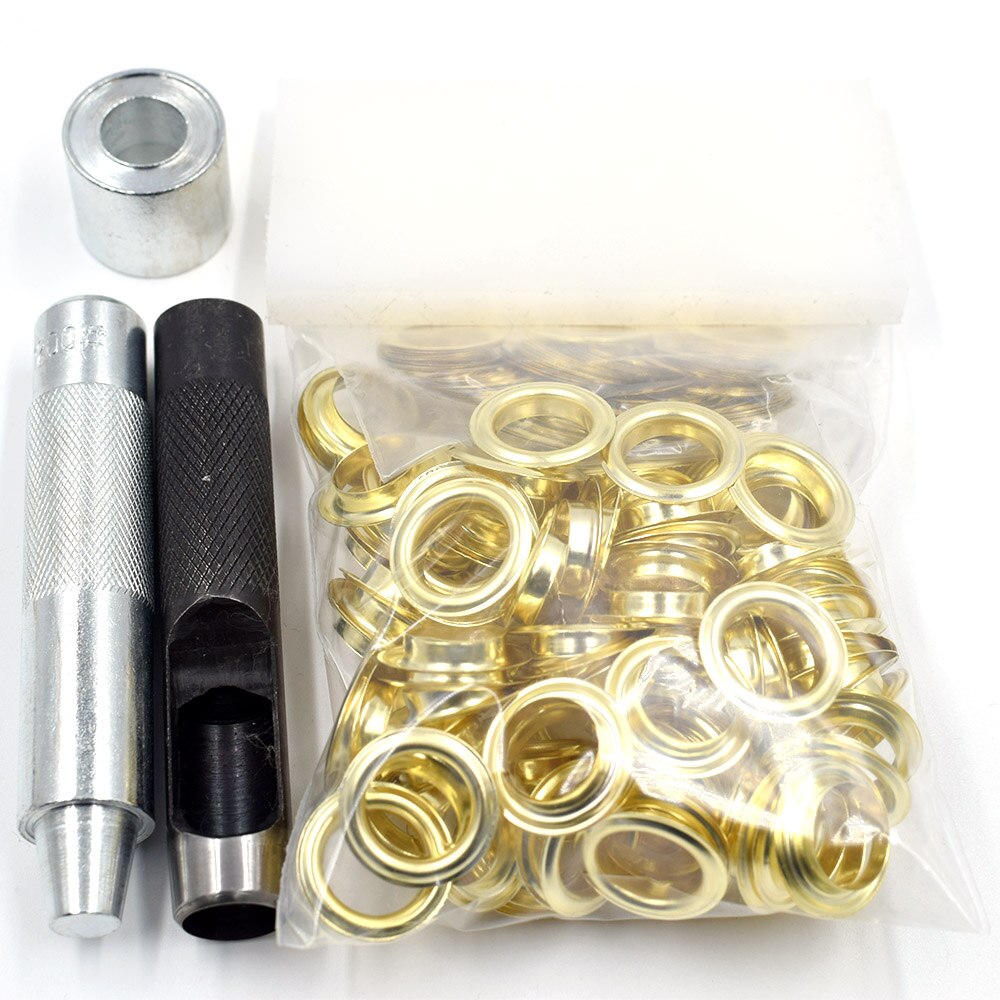 100 sets 14mm Gold Color Metal Eyelets Grommets with Installer & Puncher & Board as Gift ,Press Eyelet Tool Kit Hollow Riveter