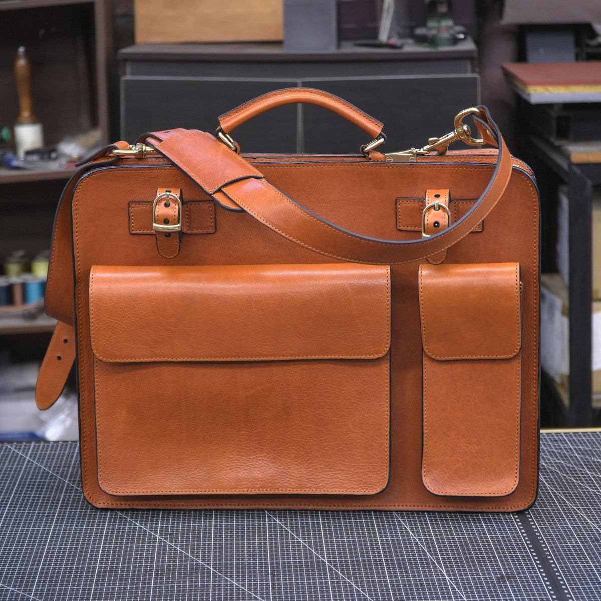 Full grain plant-based tanned leather messenger bag SG-156#