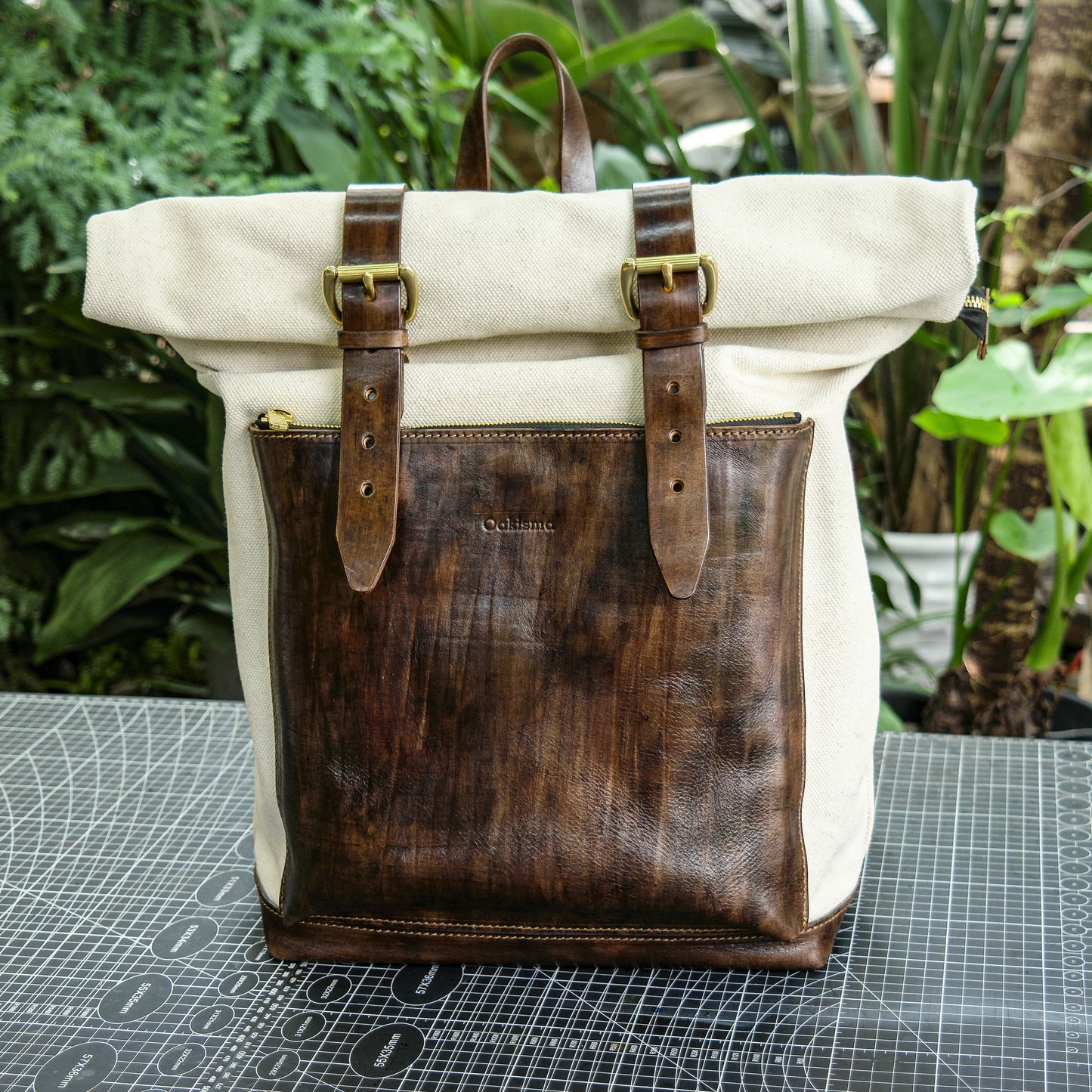 Roll top canvas backpack, Hand dyed plant tanned leather, hiking and camping