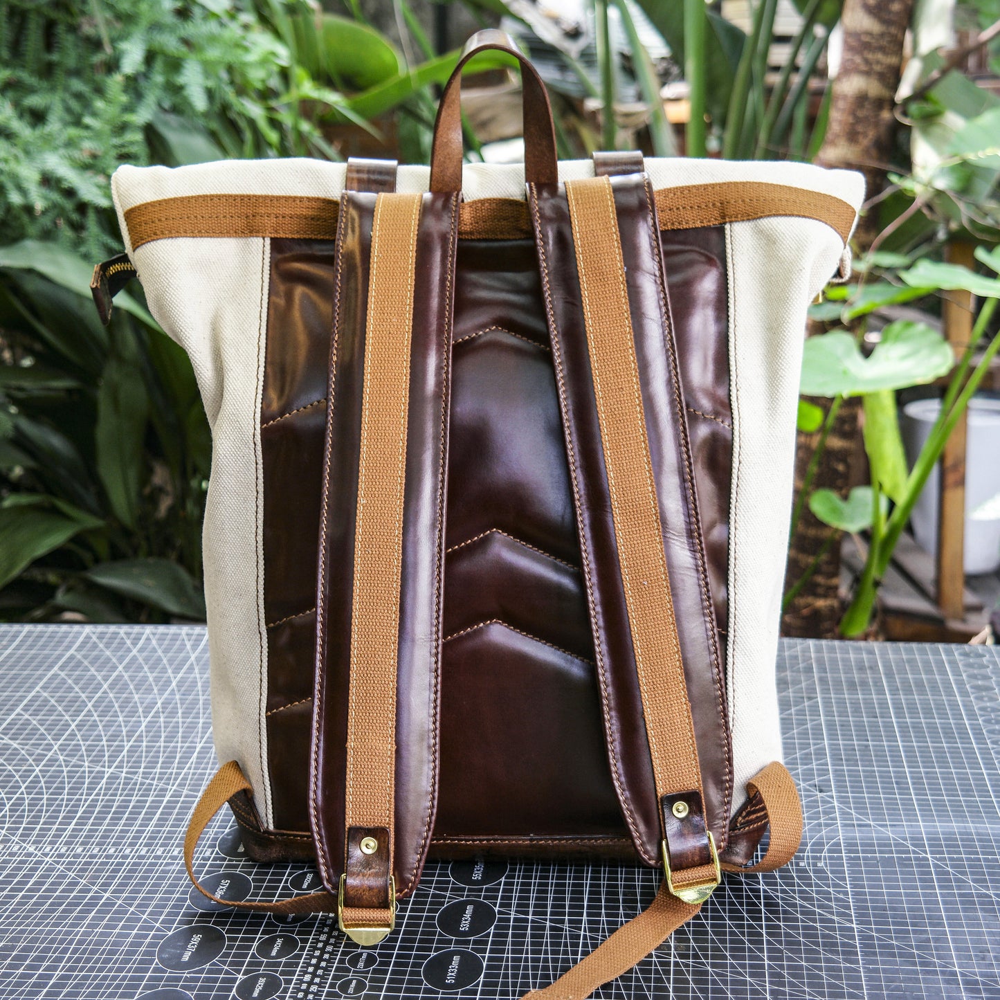 Roll top canvas backpack, Hand dyed plant tanned leather, hiking and camping