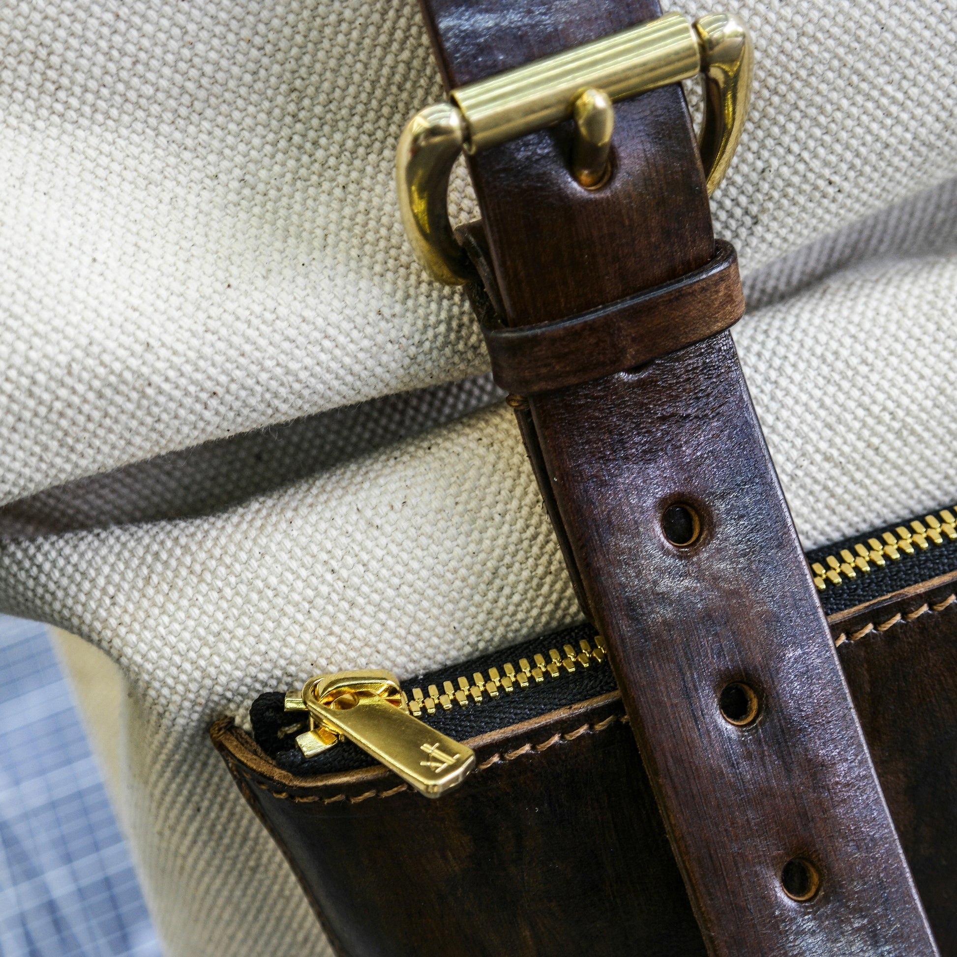 Roll top canvas backpack, Hand dyed plant tanned leather, hiking and camping