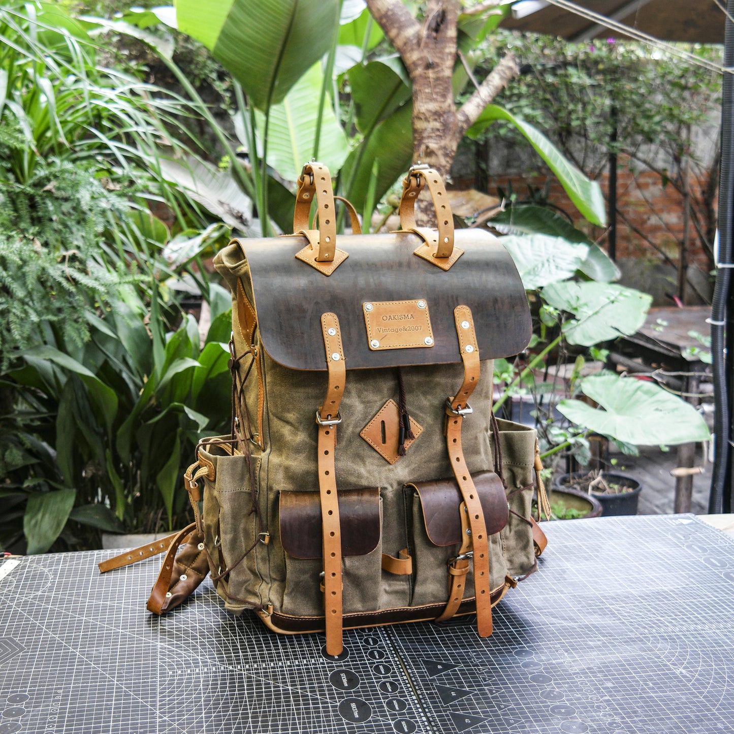 Waxed canvas and leather backpack 35 liter handmade leather waxed backpack, suitable for travel, camping, hunting, hiking