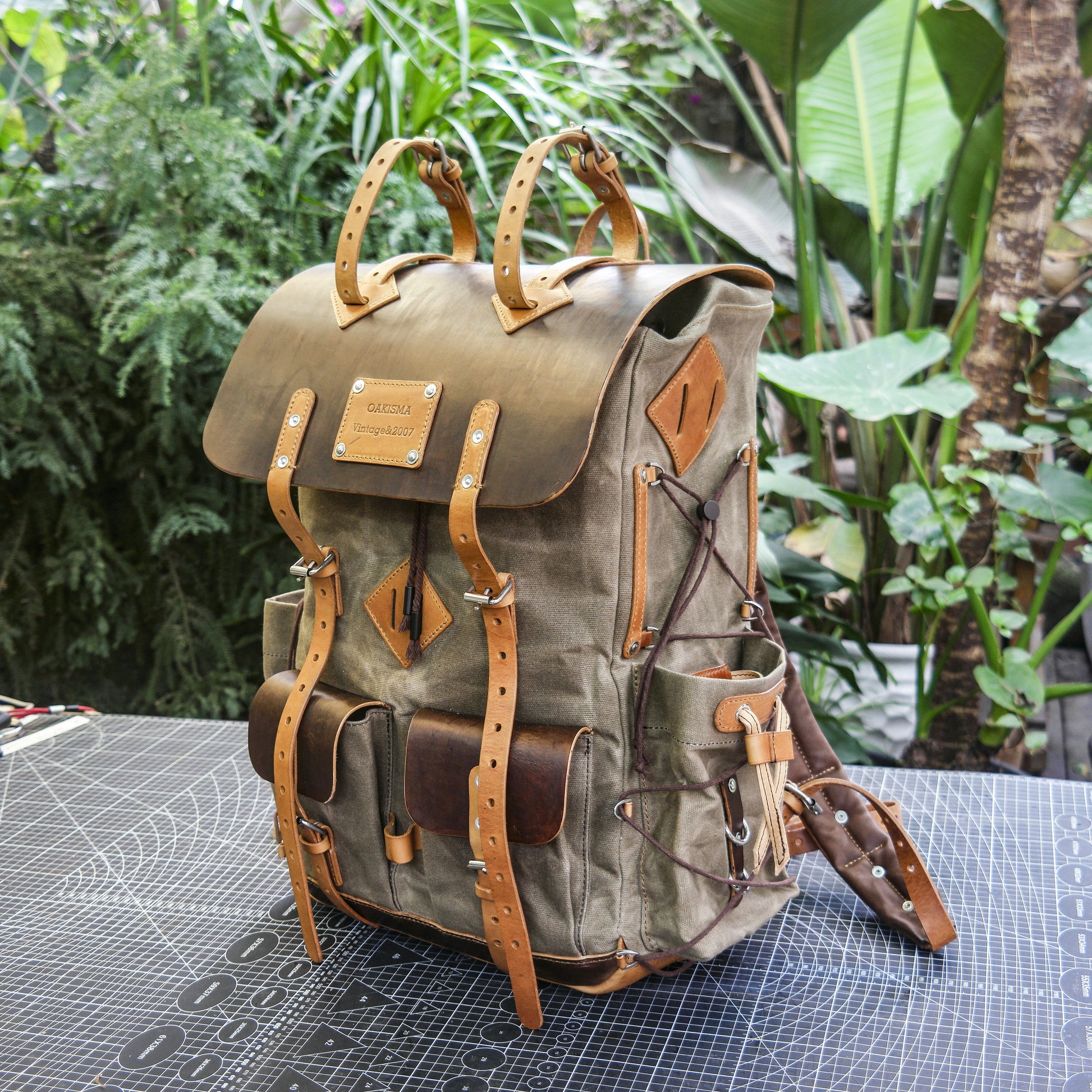 Waxed canvas and leather backpack 35 liter handmade leather waxed backpack, suitable for travel, camping, hunting, hiking