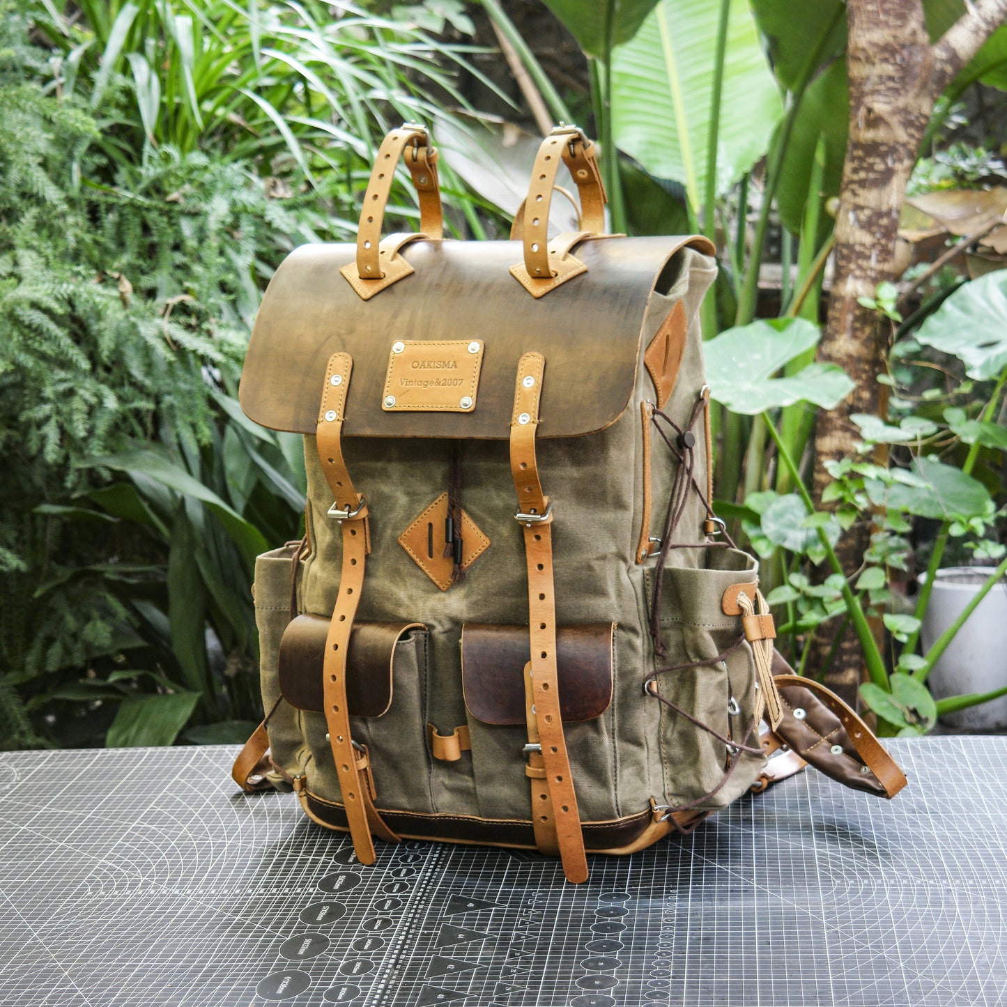 Waxed canvas and leather backpack 35 liter handmade leather waxed backpack, suitable for travel, camping, hunting, hiking