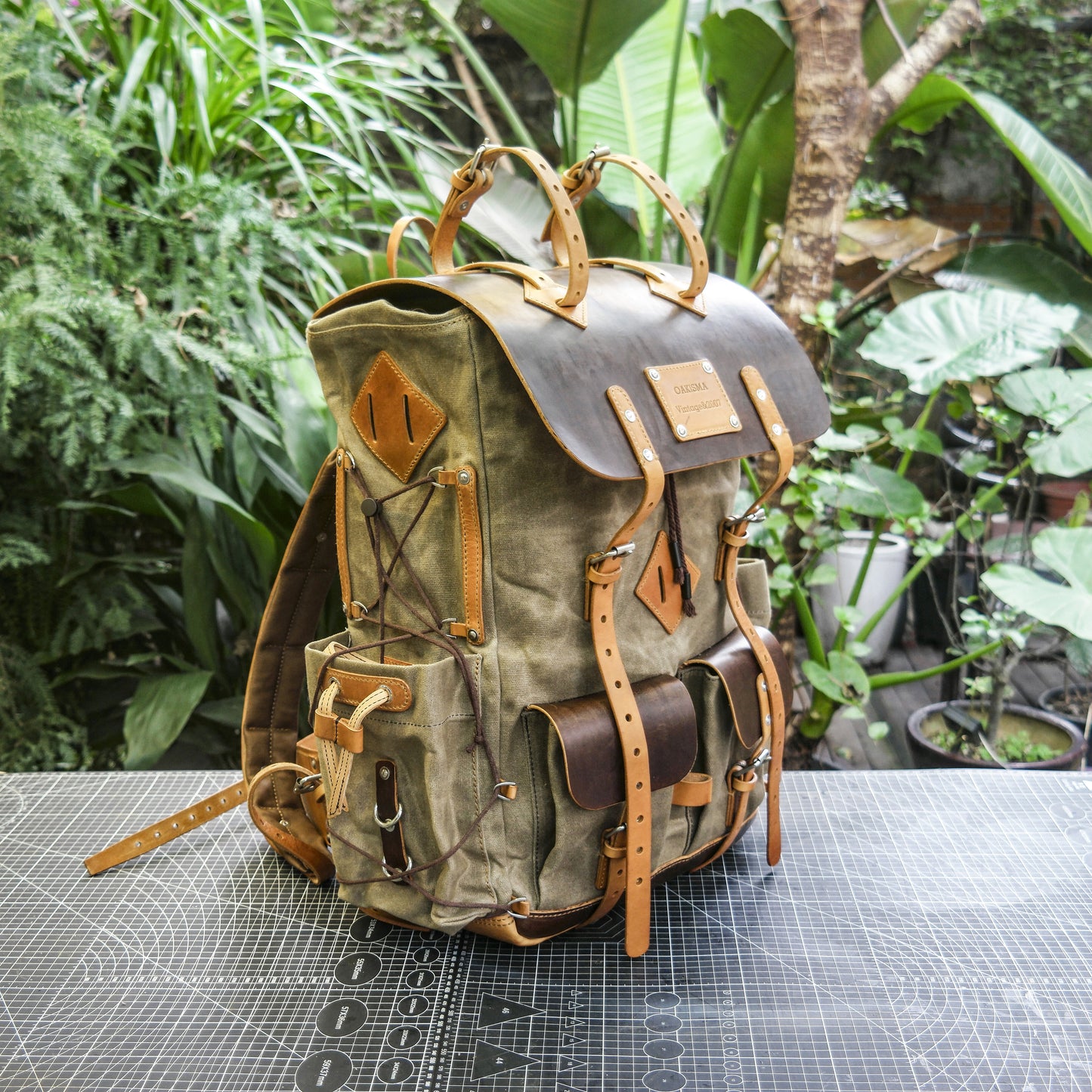 Waxed canvas and leather backpack 35 liter handmade leather waxed backpack, suitable for travel, camping, hunting, hiking