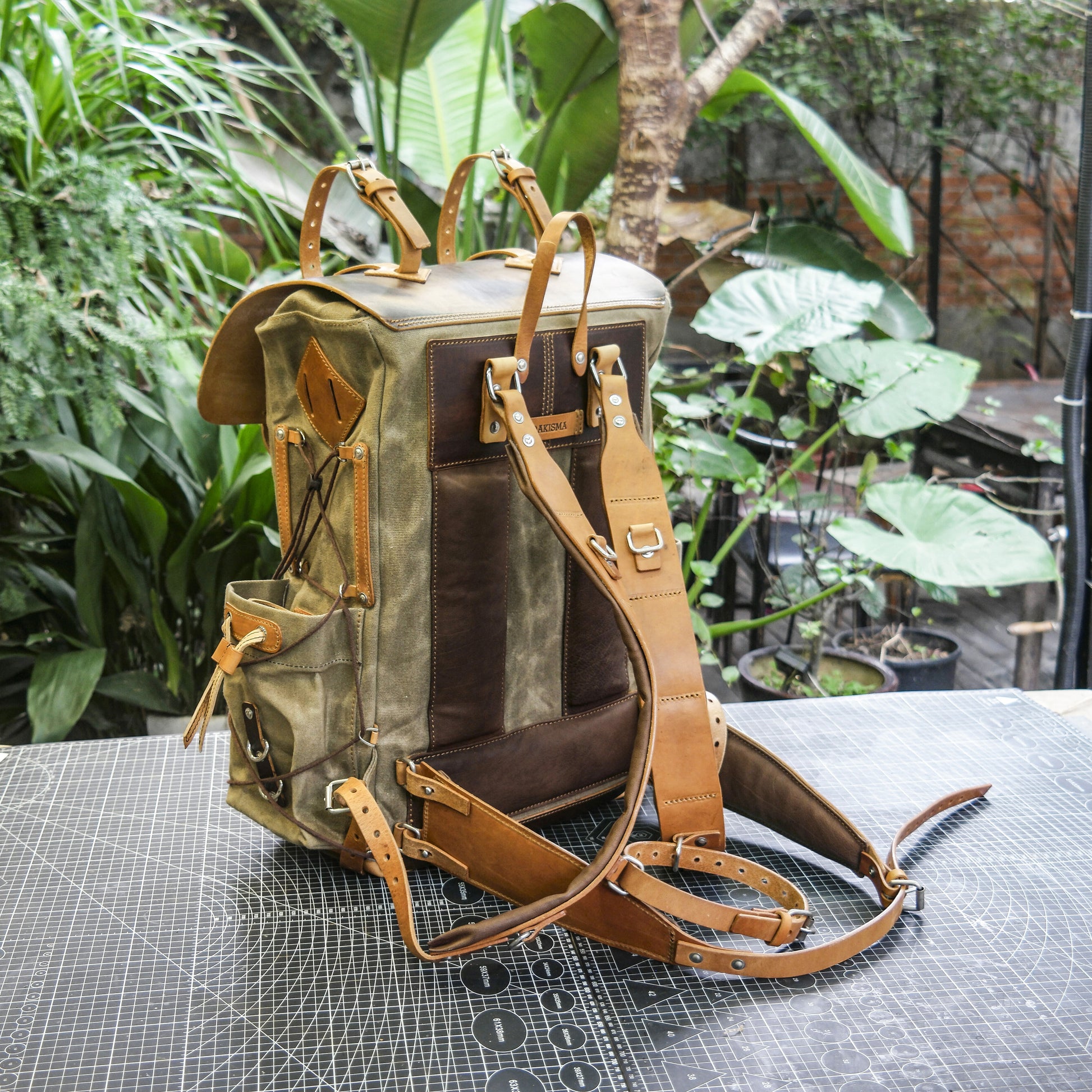 Waxed canvas and leather backpack 35 liter handmade leather waxed backpack, suitable for travel, camping, hunting, hiking