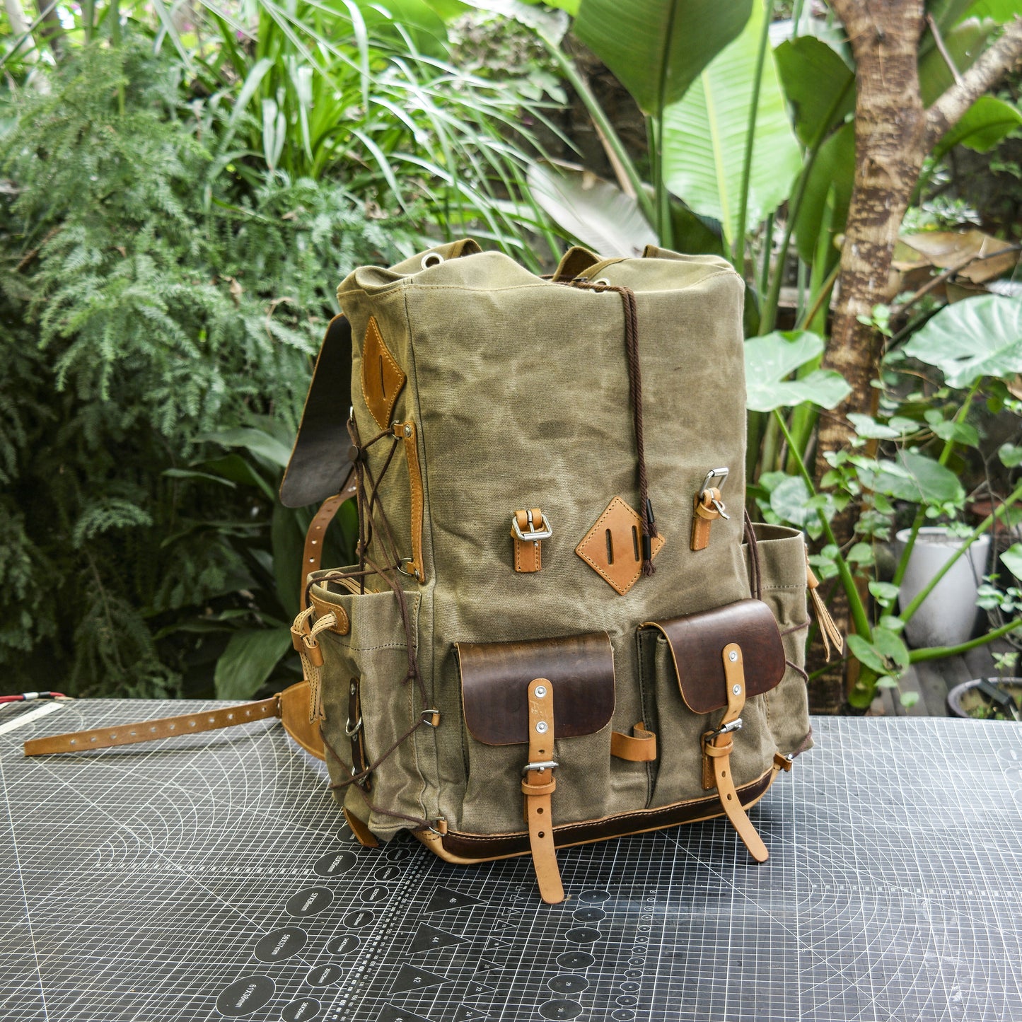 Waxed canvas and leather backpack 35 liter handmade leather waxed backpack, suitable for travel, camping, hunting, hiking