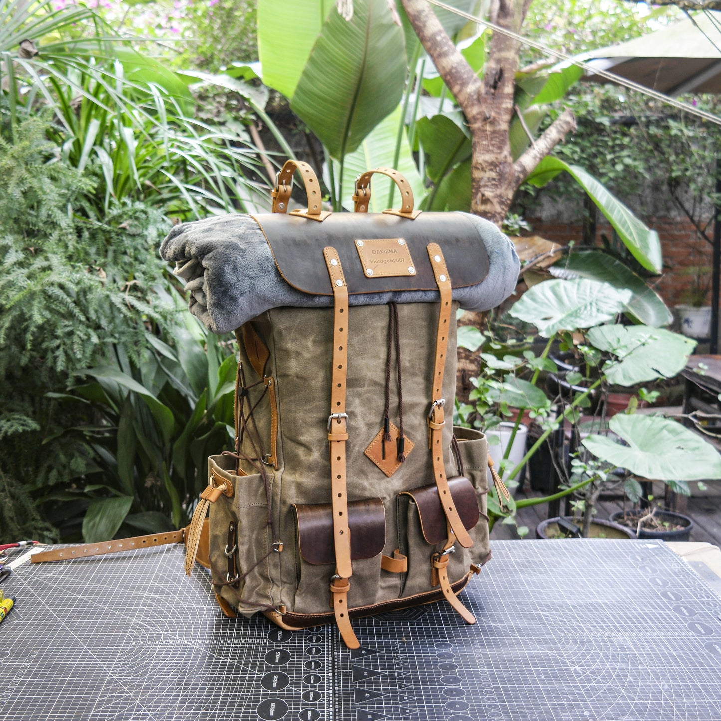 Waxed canvas and leather backpack 35 liter handmade leather waxed backpack, suitable for travel, camping, hunting, hiking