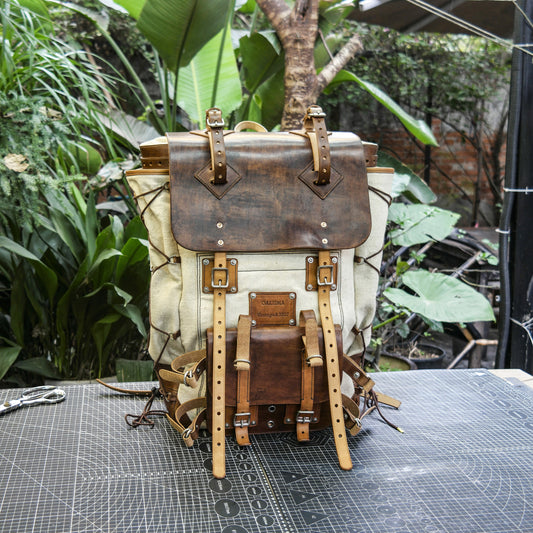 【Physical Patterns】Cotton and linen canvas and leather backpack 45 liter leather &nbsp;backpack, suitable for travel, camping, hunting, hiking