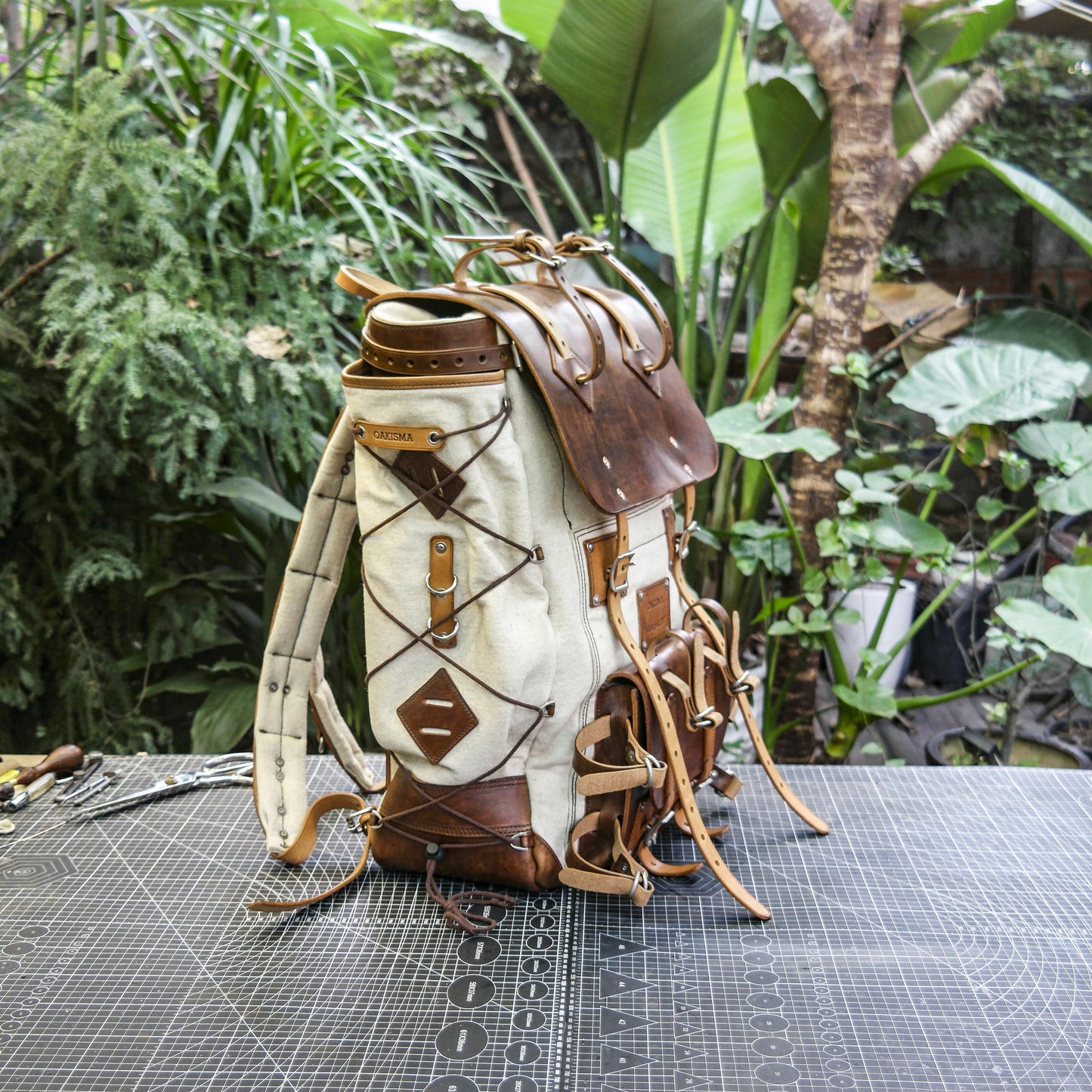 【Physical Patterns】Cotton and linen canvas and leather backpack 45 liter leather  backpack, suitable for travel, camping, hunting, hiking