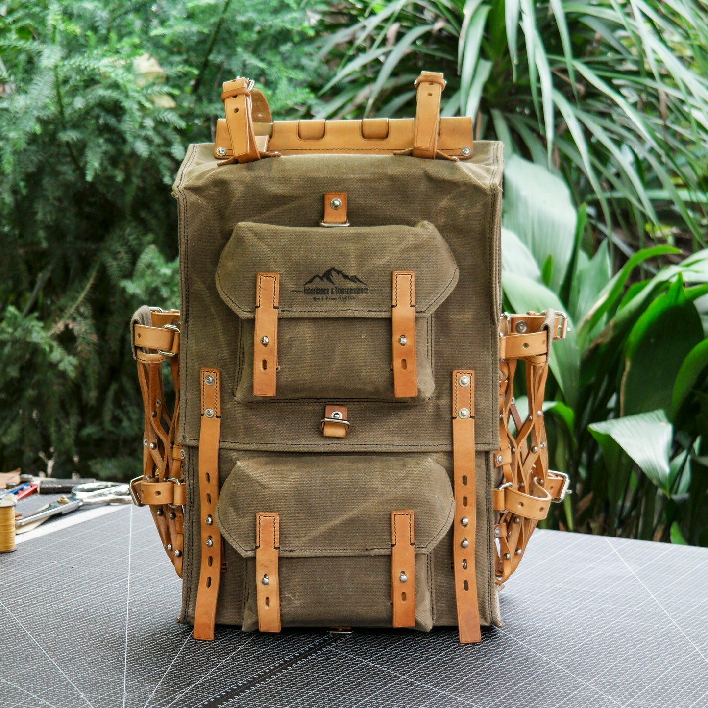 Cotton and linen blended fabric+vegetable tanned leather backpack - retro backpack travel, camping, hiking