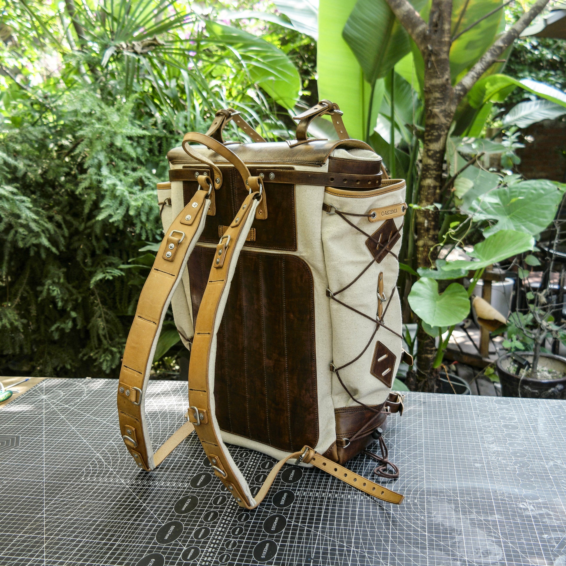 craftsman backpack green with leather on front and back Physical Patterns】Cotton and linen canvas and leather backpack 45 lit