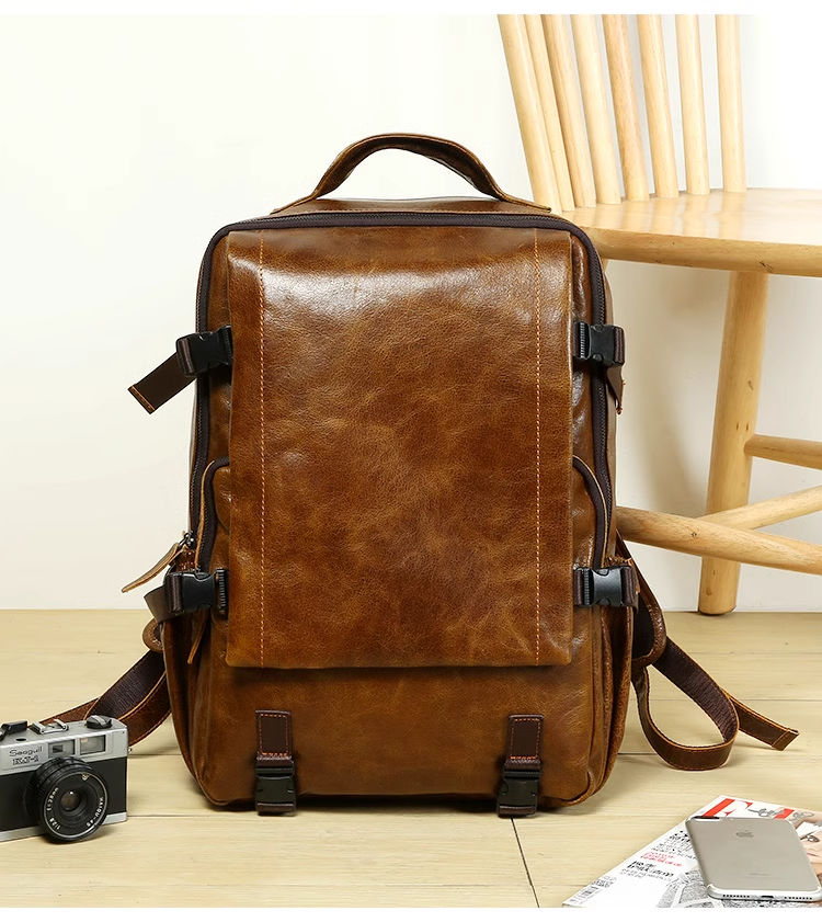 Large capacity travel leather backpack, business leisure top layer cowhide backpack, men's computer bag, backpack, outdoor