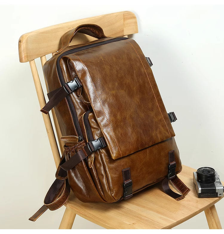 Large capacity travel leather backpack, business leisure top layer cowhide backpack, men's computer bag, backpack, outdoor