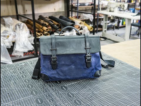 【PDF Pattern】Black vegetable tanned+blue waxed canvas men's and women's crossbody bag, bagPattern/Messenger Bag Pattern