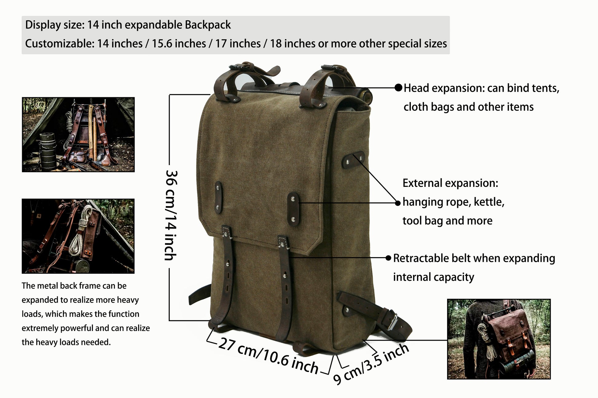 Leather Canvas Backpack for hiking, camping and camping that can expand the hanging and binding of goods